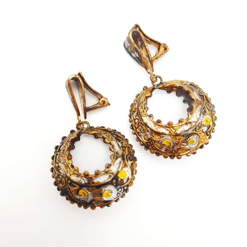 Vintage Damascene Enamel Aged Filigree Bronze Metal Clip On Drop Dangle Earrings